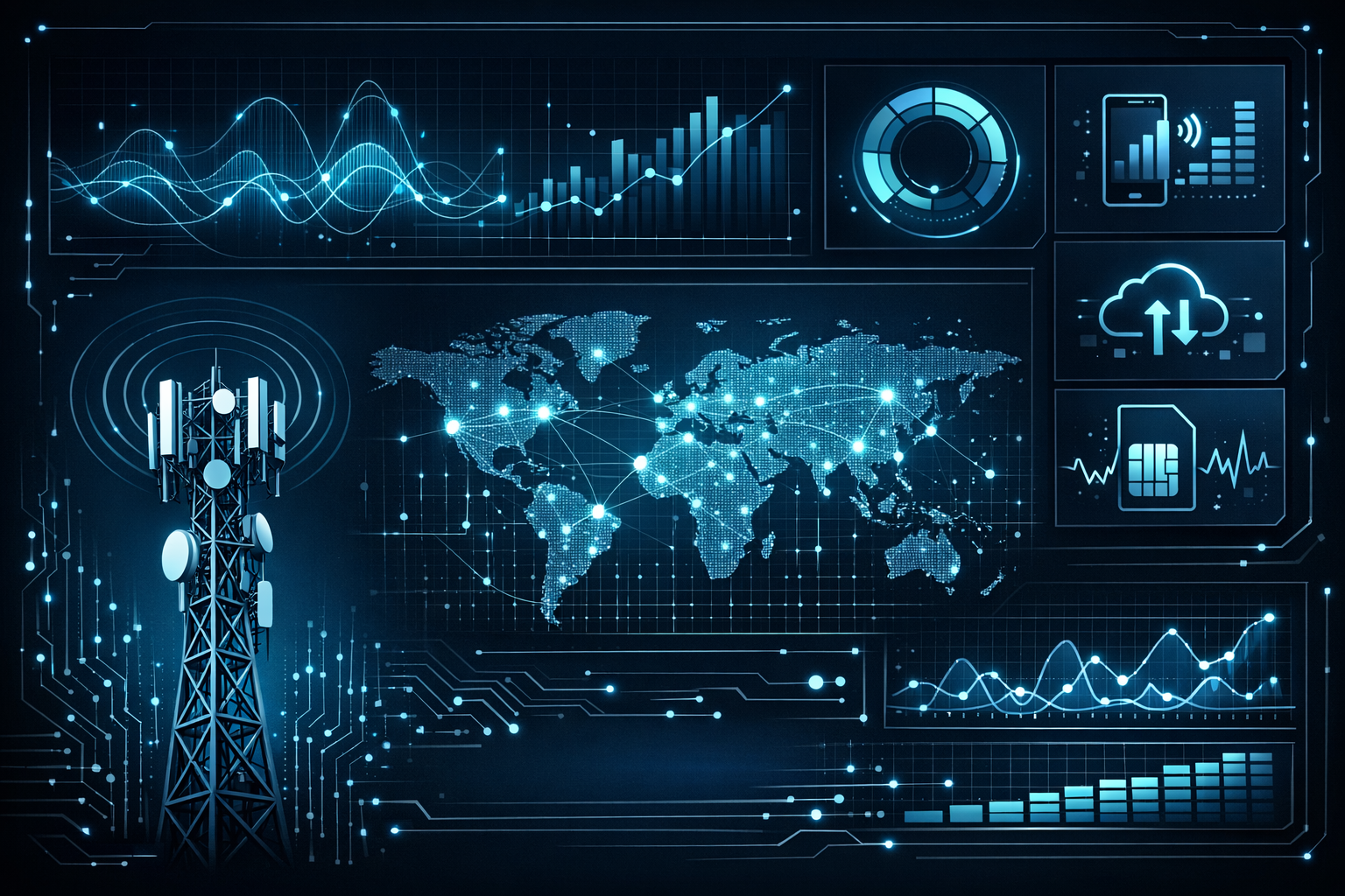 Digital mobile data monitoring dashboard with network signals